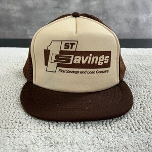 Vintage 1st Savings Loan Bank Mesh Snapback Trucker Hat OSFA Two Tone Cap Brown